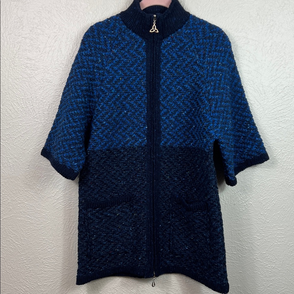 Aran Crafts Ireland Wool Zip Front Blue Short Sleeve Sweater Jacket XS